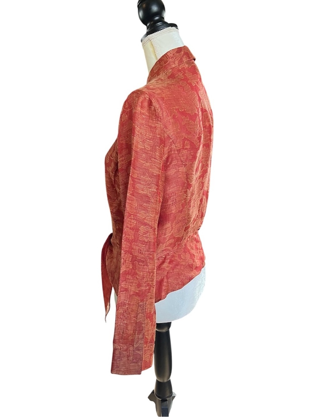 Lafayette 148 Red Silk and Linen Floral Jacquard Tie Front Blouse Size 8 - Picture 6 of 11